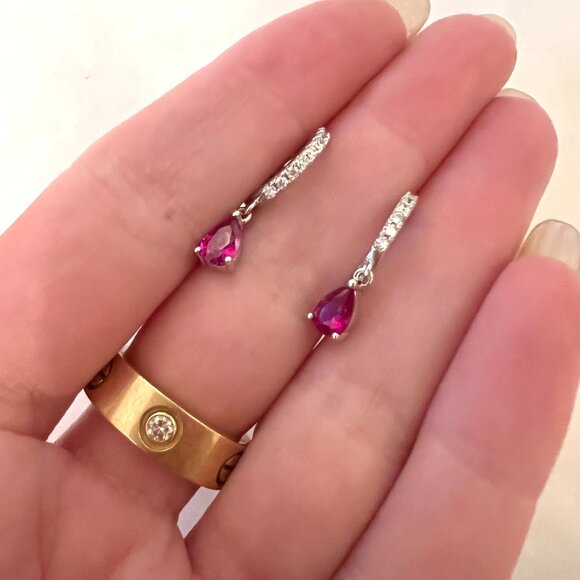 Sterling Silver and CZ Hoops with Lab Grown Ruby Drop - stamped .925 - Picture 5 of 5